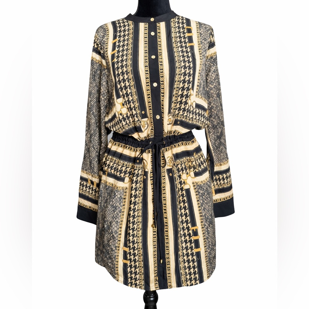 Michael Kors Scarf Print Dress Size 8 Black Gold Chain Belted Long Sleeve Luxury - Picture 2 of 9